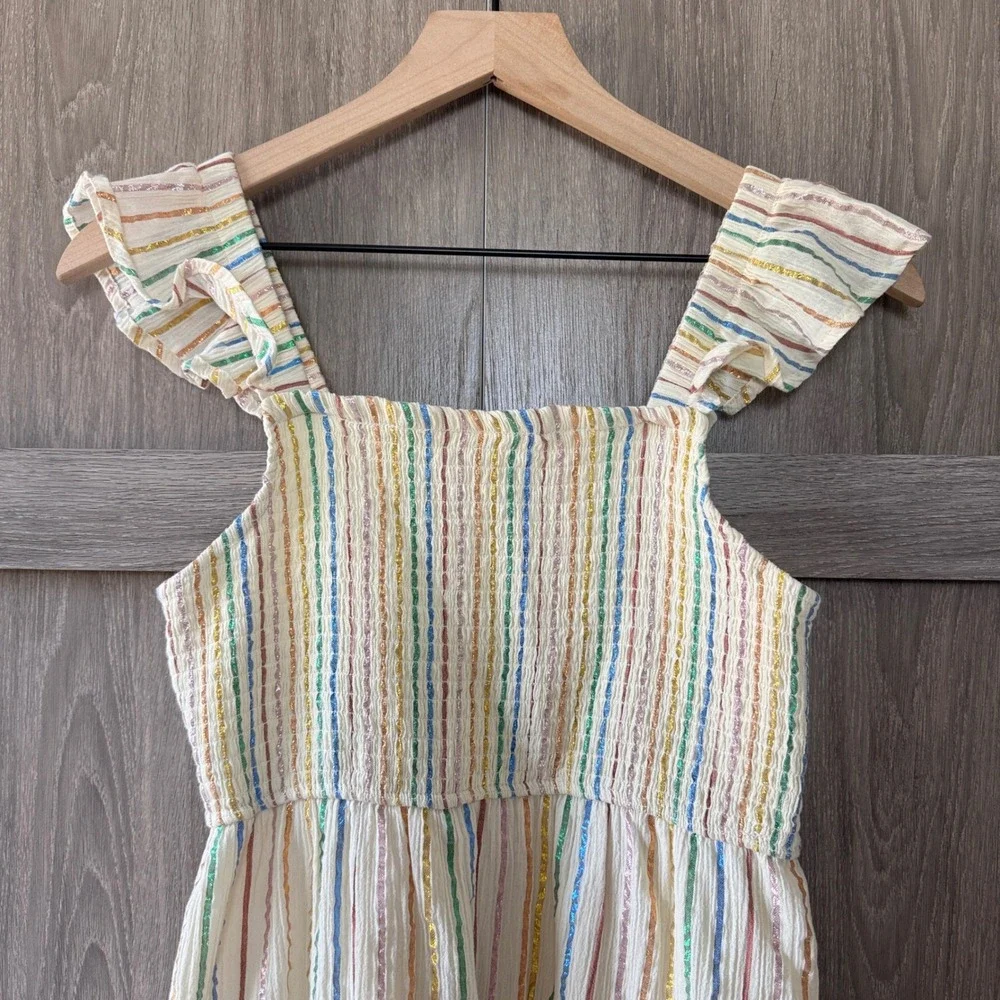 Hello Franki Midi Dress Girls XL 14 White Rainbow Metallic Stripe Smocked Boho